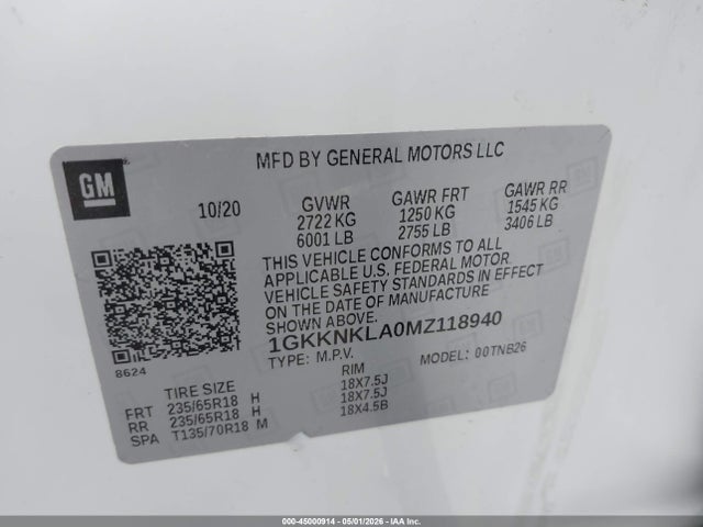1GKKNKLA0MZ118940 GMC Acadia Fwd Sle