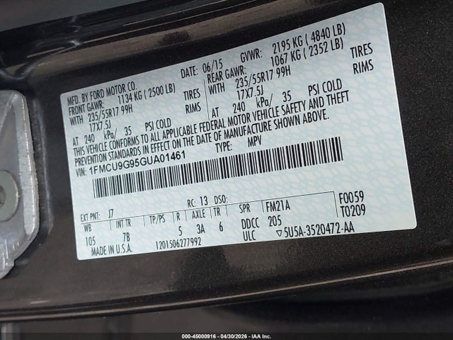 45000916 :رقم المزاد ، 1FMCU9G95GUA01461 vin ، 2016 Ford Escape Se مزاد بيع