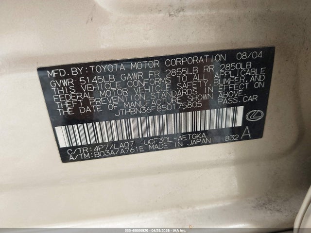 Продажа на аукционе авто 2005 Lexus Ls 430, vin: JTHBN36F850175805, номер лота: 45000920