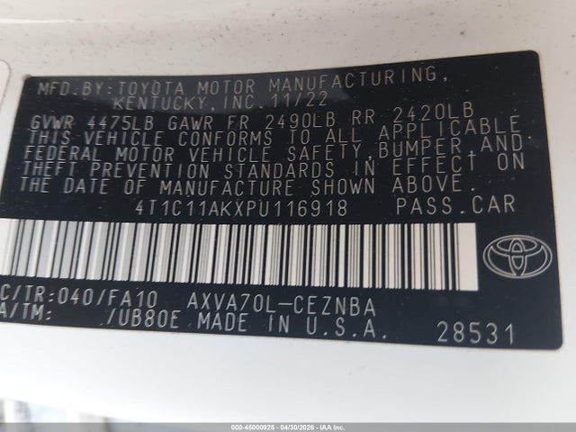 Auction sale of the 2023 Toyota Camry Le, vin: 4T1C11AKXPU116918, lot number: 45000925