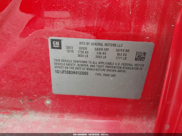 Aukcja sprzedaży 2017 Chevrolet Sonic Premier Auto, vin: 1G1JF5SB3H4133993, numer aukcji: 45000926