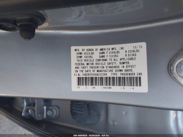 Honda ACCORD LX 2016 1HGCR2F40GA053294 Image 9