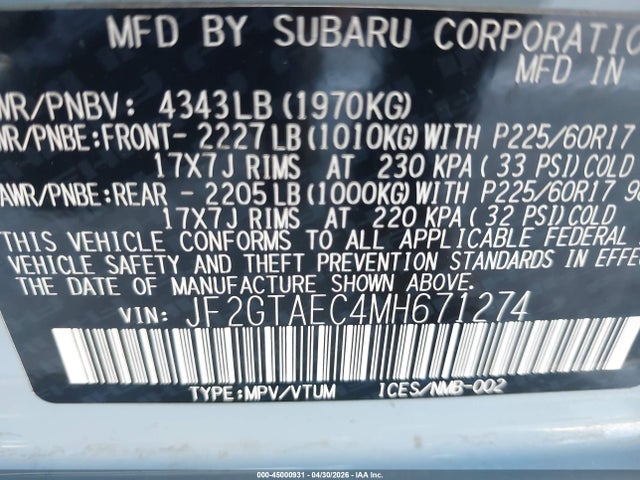 45000931 :رقم المزاد ، JF2GTAEC4MH671274 vin ، 2021 Subaru Crosstrek Premium مزاد بيع