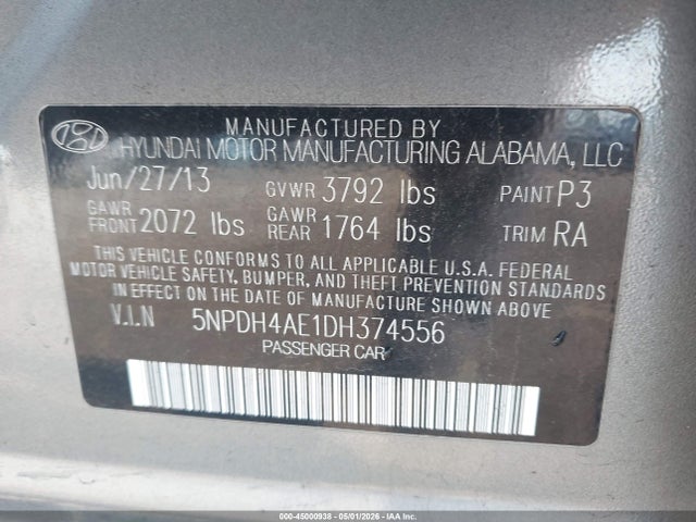 45000938 :رقم المزاد ، 5NPDH4AE1DH374556 vin ، 2013 Hyundai Elantra Gls مزاد بيع