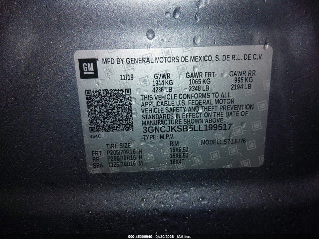 Aukcja sprzedaży 2020 Chevrolet Trax Fwd Ls, vin: 3GNCJKSB5LL199517, numer aukcji: 45000940
