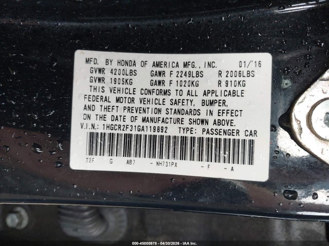 Продаж на аукціоні авто 2016 Honda Accord Lx, vin: 1HGCR2F31GA119892, номер лоту: 45000978