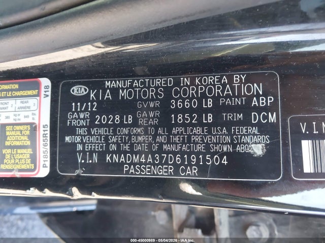 45000989 :رقم المزاد ، KNADM4A37D6191504 vin ، 2013 Kia Rio Lx مزاد بيع