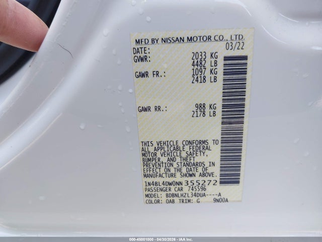 Продажа на аукционе авто 2022 Nissan Altima Sv Intelligent Awd, vin: 1N4BL4DW0NN355272, номер лота: 45001000