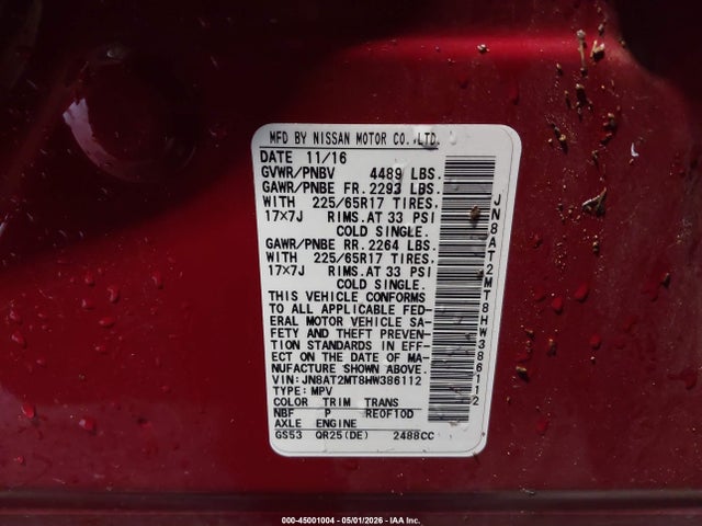 2017 Nissan Rogue S მანქანა იყიდება აუქციონზე, vin: JN8AT2MT8HW386112, აუქციონის ნომერი: 45001004