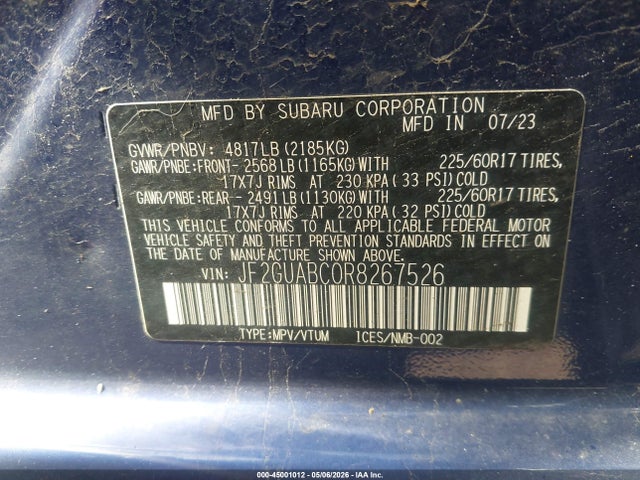 Продаж на аукціоні авто 2024 Subaru Crosstrek, vin: JF2GUABC0R8267526, номер лоту: 45001012
