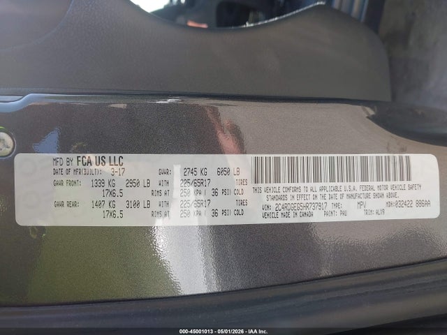 2017 Dodge Grand Caravan Gt მანქანა იყიდება აუქციონზე, vin: 2C4RDGEG5HR737917, აუქციონის ნომერი: 45001013