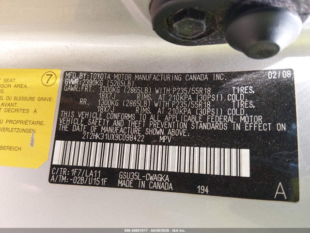 Продажа на аукционе авто 2009 Lexus Rx 350, vin: 2T2HK31UX9C098422, номер лота: 45001017