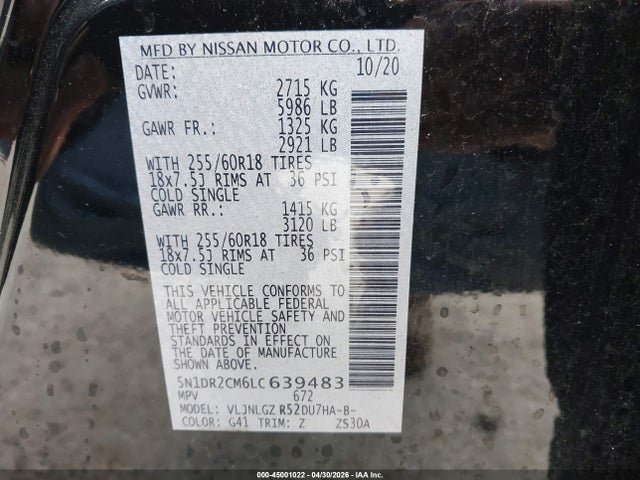 Aukcja sprzedaży 2020 Nissan Pathfinder Sl 4wd, vin: 5N1DR2CM6LC639483, numer aukcji: 45001022