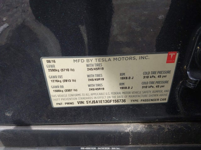 Продажа на аукционе авто 2016 Tesla Model S 60/70/75/85, vin: 5YJSA1E13GF156736, номер лота: 45001026