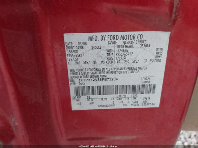 45001027 :رقم المزاد ، 1FTPX12V88FB73234 vin ، 2008 Ford F-150 Fx2/lariat/xl/xlt مزاد بيع