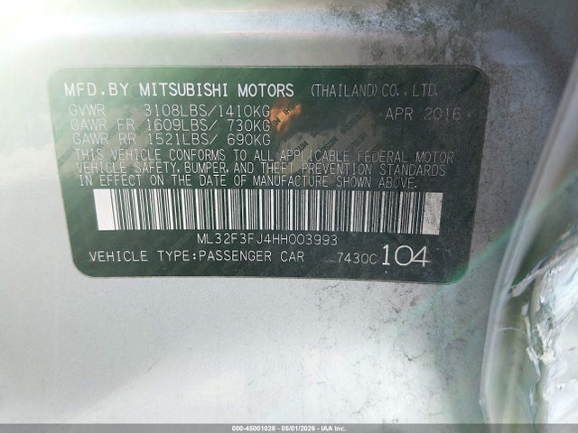 2017 Mitsubishi Mirage G4 Es მანქანა იყიდება აუქციონზე, vin: ML32F3FJ4HH003993, აუქციონის ნომერი: 45001028