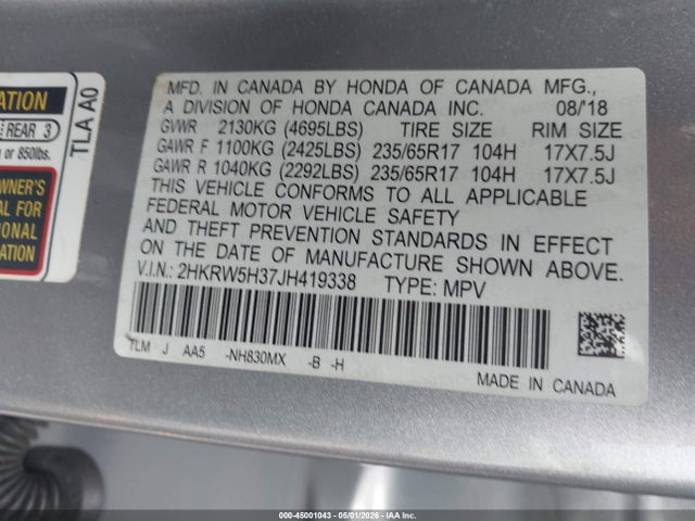 45001043 :رقم المزاد ، 2HKRW5H37JH419338 vin ، 2018 Honda Cr-v Lx مزاد بيع