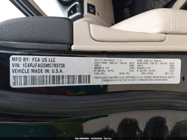 Aukcja sprzedaży 2021 Jeep Grand Cherokee Laredo E 4x4, vin: 1C4RJFAG5MC793738, numer aukcji: 45001047