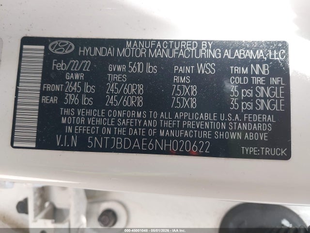 2022 Hyundai Santa Cruz Sel მანქანა იყიდება აუქციონზე, vin: 5NTJBDAE6NH020622, აუქციონის ნომერი: 45001048