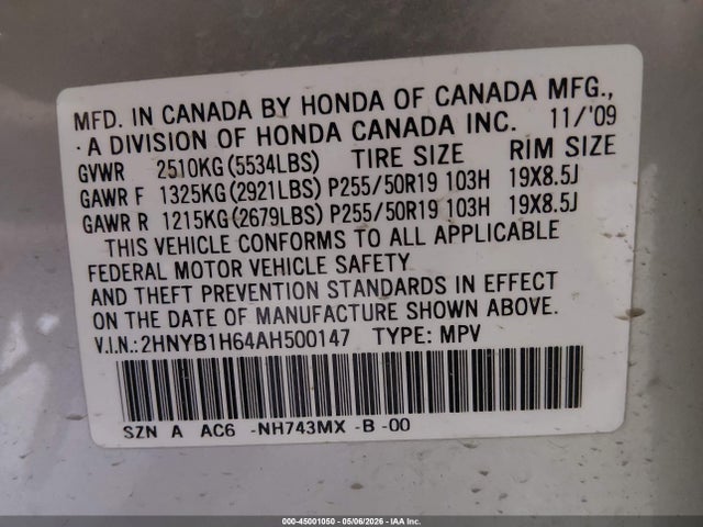 45001050 :رقم المزاد ، 2HNYB1H64AH500147 vin ، 2010 Acura Zdx مزاد بيع