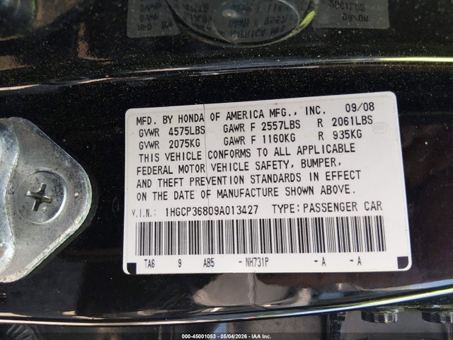 45001053 :رقم المزاد ، 1HGCP36809A013427 vin ، 2009 Honda Accord 3.5 Ex-l مزاد بيع