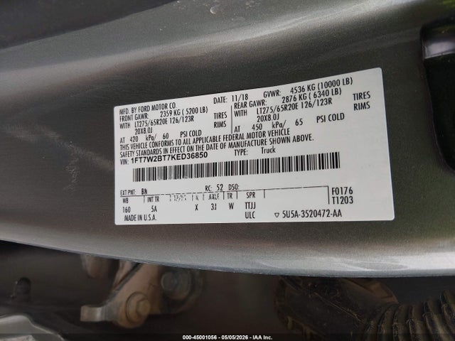 Aukcja sprzedaży 2019 Ford F-250 Lariat, vin: 1FT7W2BT7KED36850, numer aukcji: 45001056