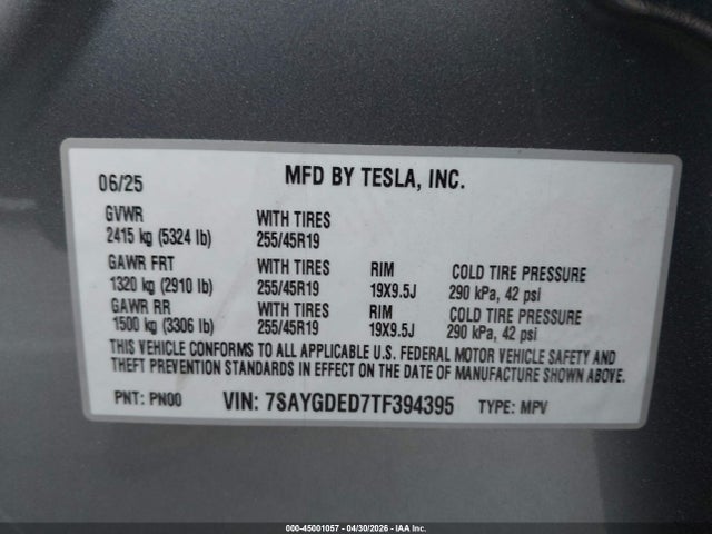 Aukcja sprzedaży 2026 Tesla Model Y Premium Rear-wheel Drive/rear-wheel Drive, vin: 7SAYGDED7TF394395, numer aukcji: 45001057