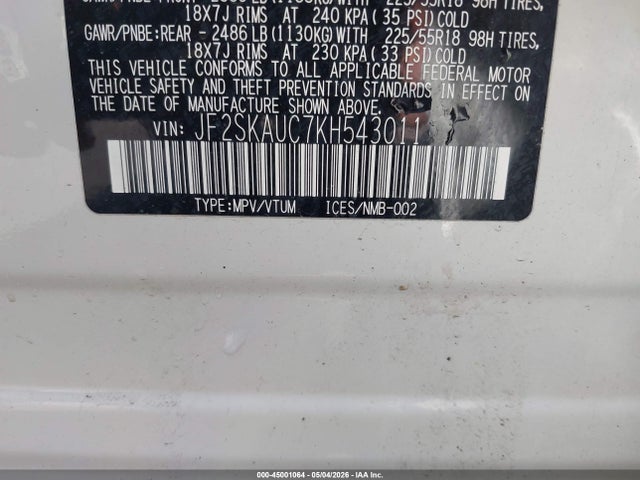 45001064 :رقم المزاد ، JF2SKAUC7KH543011 vin ، 2019 Subaru Forester Limited مزاد بيع