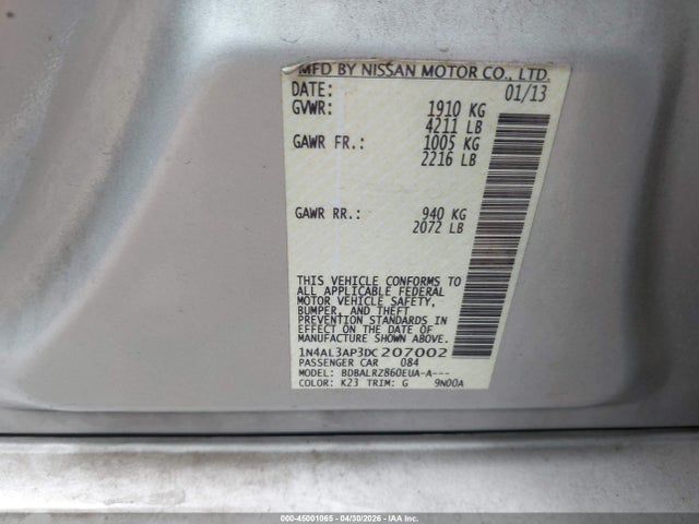 2013 Nissan Altima 2.5 S მანქანა იყიდება აუქციონზე, vin: 1N4AL3AP3DC207002, აუქციონის ნომერი: 45001065