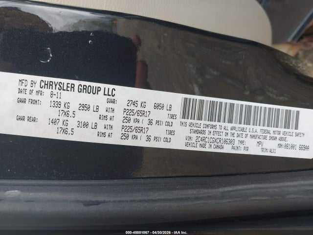 2012 Chrysler Town & Country Touring-l მანქანა იყიდება აუქციონზე, vin: 2C4RC1CGXCR106303, აუქციონის ნომერი: 45001067