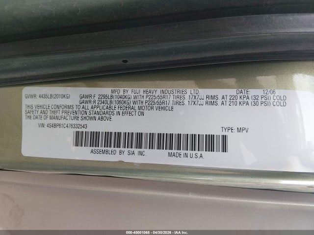 45001068 :رقم المزاد ، 4S4BP61C476332543 vin ، 2007 Subaru Outback 2.5i مزاد بيع
