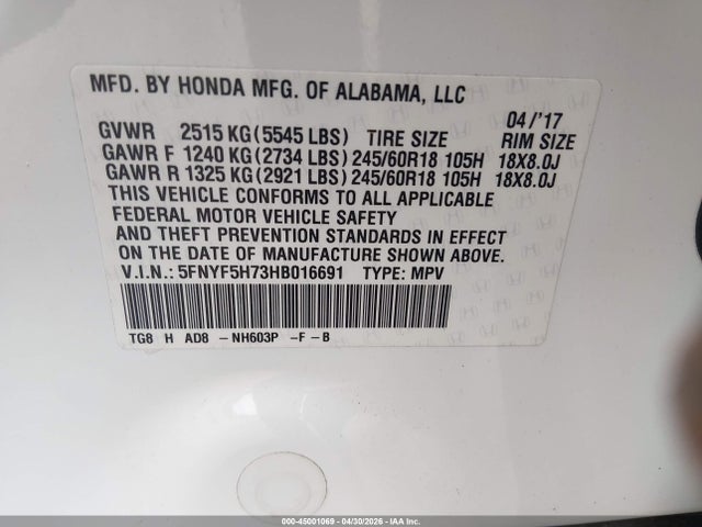 2017 Honda Pilot Ex-l მანქანა იყიდება აუქციონზე, vin: 5FNYF5H73HB016691, აუქციონის ნომერი: 45001069