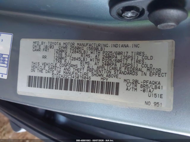 2004 Toyota Sienna Xle მანქანა იყიდება აუქციონზე, vin: 5TDZA22C34S076046, აუქციონის ნომერი: 45001083