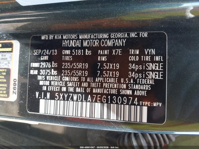Продажа на аукционе авто 2014 Hyundai Santa Fe Sport 2.0l Turbo, vin: 5XYZWDLA7EG130974, номер лота: 45001087