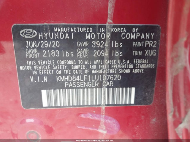 2020 Hyundai Elantra Value Edition მანქანა იყიდება აუქციონზე, vin: KMHD84LF1LU107620, აუქციონის ნომერი: 45001088