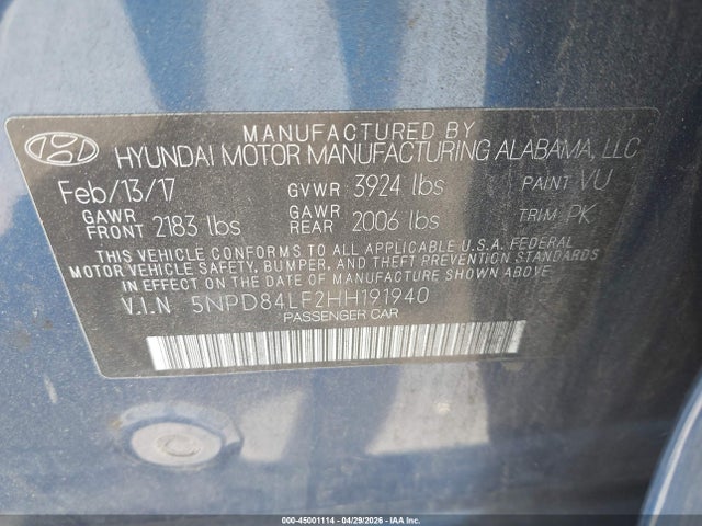 Aukcja sprzedaży 2017 Hyundai Elantra Se, vin: 5NPD84LF2HH191940, numer aukcji: 45001114