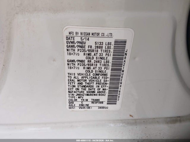 JN8AZ1MU8EW416092 Nissan MURANO SL
