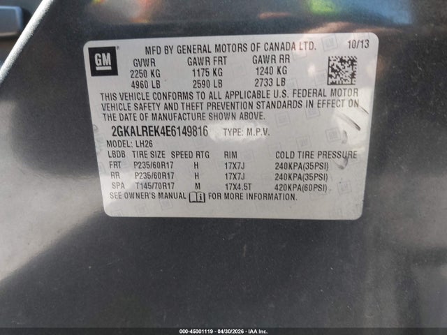 Aukcja sprzedaży 2014 Gmc Terrain Sle-2, vin: 2GKALREK4E6149816, numer aukcji: 45001119
