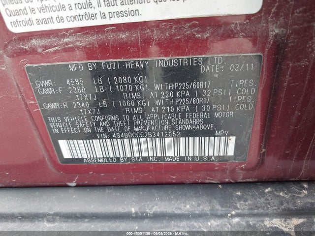 45001135 :رقم المزاد ، 4S4BRCCC2B3412052 vin ، 2011 Subaru Outback 2.5i Premium مزاد بيع