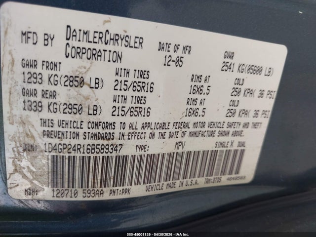 2006 Dodge Grand Caravan Se მანქანა იყიდება აუქციონზე, vin: 1D4GP24R16B589347, აუქციონის ნომერი: 45001139