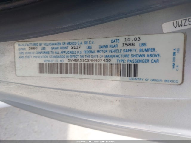 Aukcja sprzedaży 2004 Volkswagen New Beetle Gl, vin: 3VWBK31C24M407430, numer aukcji: 45001151