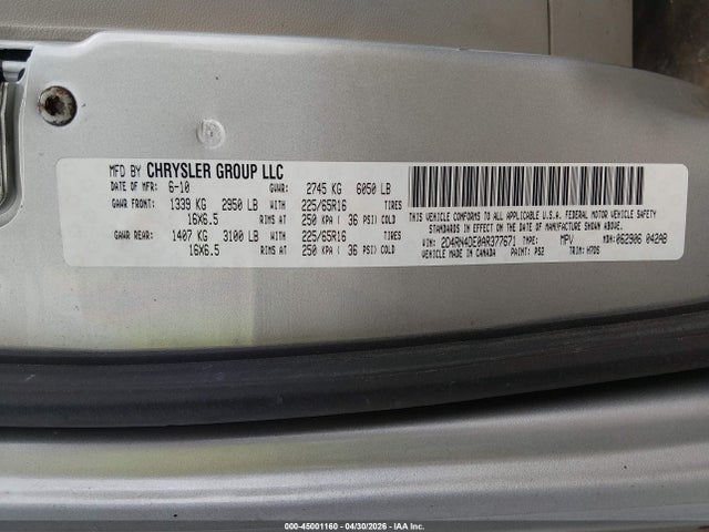 45001160 :رقم المزاد ، 2D4RN4DE0AR377671 vin ، 2010 Dodge Grand Caravan Se مزاد بيع
