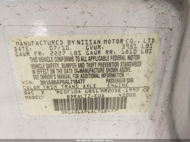 2010 Nissan Sentra 2.0sr მანქანა იყიდება აუქციონზე, vin: 3N1AB6AP6AL718477, აუქციონის ნომერი: 45001164
