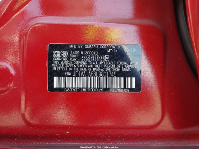 2020 Subaru Wrx მანქანა იყიდება აუქციონზე, vin: JF1VA1A68L9801745, აუქციონის ნომერი: 45001178