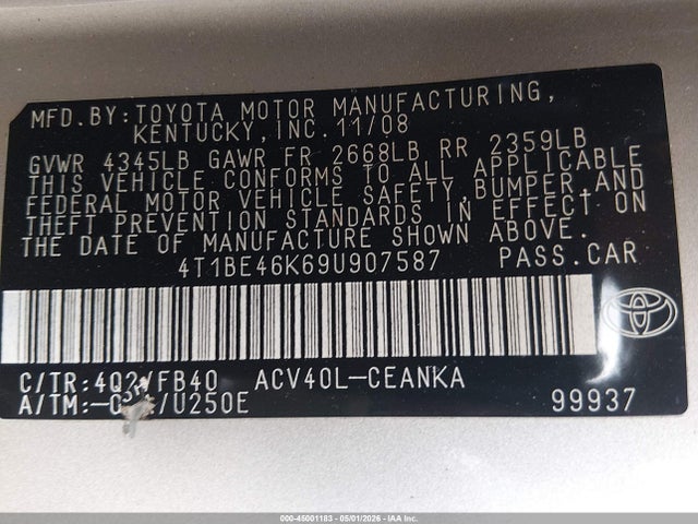 Aukcja sprzedaży 2009 Toyota Camry Le, vin: 4T1BE46K69U907587, numer aukcji: 45001183