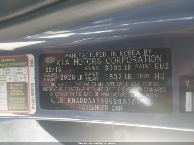 45001184 :رقم المزاد ، KNADM5A38G6699507 vin ، 2016 Kia Rio Lx مزاد بيع