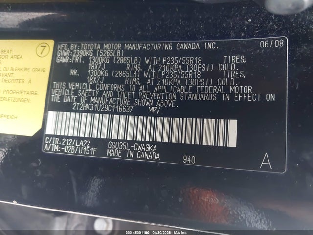 2009 Lexus Rx 350 მანქანა იყიდება აუქციონზე, vin: 2T2HK31U29C116637, აუქციონის ნომერი: 45001190