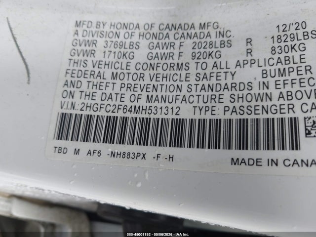 Продаж на аукціоні авто 2021 Honda Civic Lx, vin: 2HGFC2F64MH531312, номер лоту: 45001192