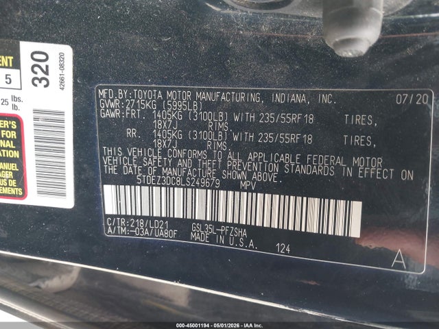 Toyota SIENNA SE 2020 5TDEZ3DC8LS249679 Image 9