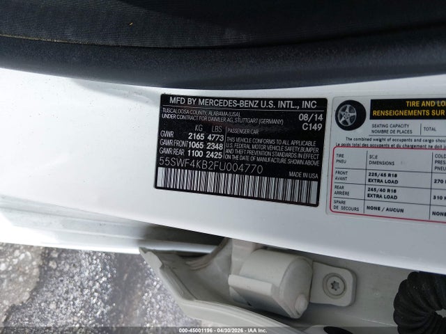 45001196 :رقم المزاد ، 55SWF4KB2FU004770 vin ، 2015 Mercedes-benz C 300 Sport 4matic مزاد بيع